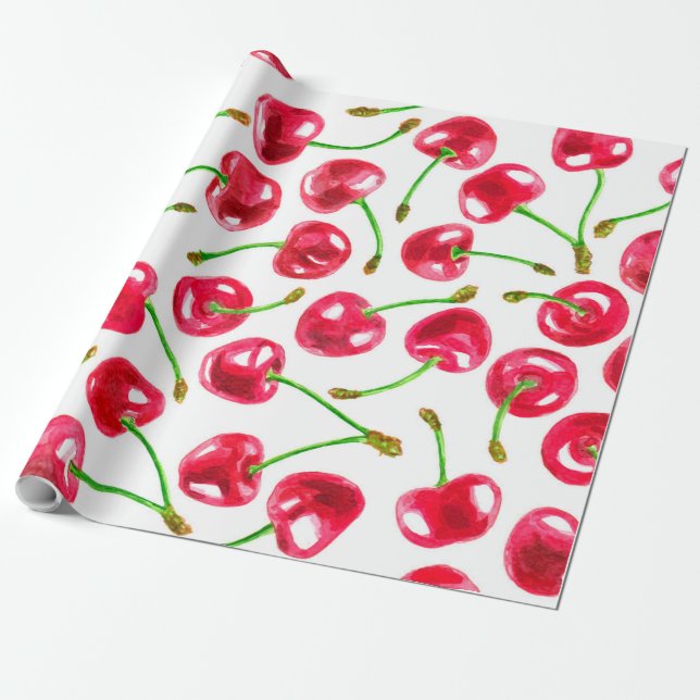Watercolor cherries pattern wrapping paper (Unrolled)