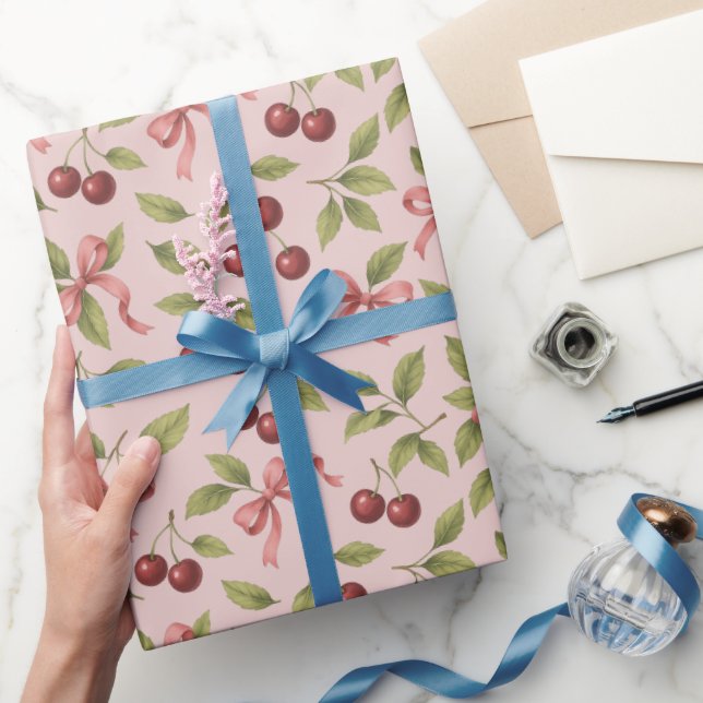 Watercolor Cherries with Bow - Elegant Fruit  Wrapping Paper (Gifting)