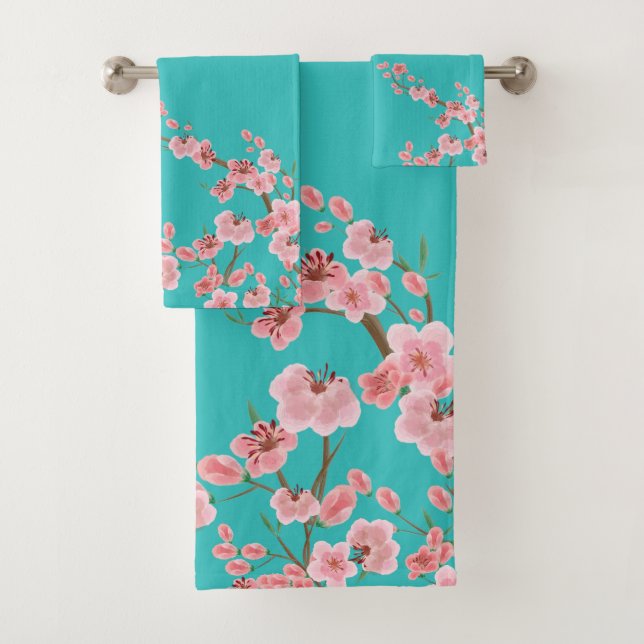 Watercolor Cherry Blossom Bath Towel Set (Insitu)