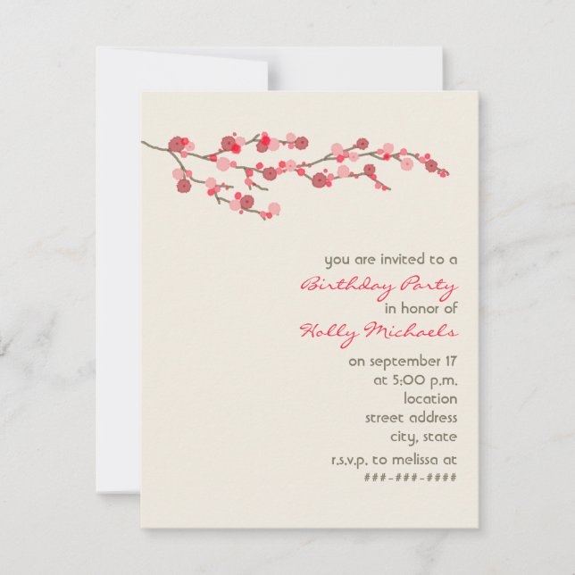 Watercolor Cherry Blossom Birthday Party Invite (Front)