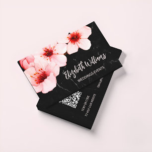 Watercolor Cherry Blossom Black Marble Qr Code Business Card