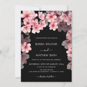 Watercolor Cherry Blossom Black Wedding Invitation