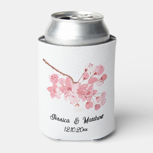 Watercolor cherry blossom floral nature Weddings Can Cooler (Can Front)