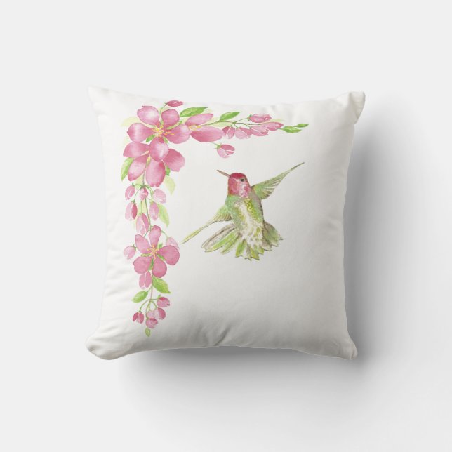 Watercolor Cherry Blossom & Hummingbird Cushion (Front)
