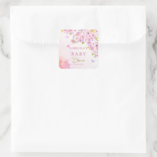 Watercolor Cherry Blossom It's a Girl Baby Shower Square Sticker