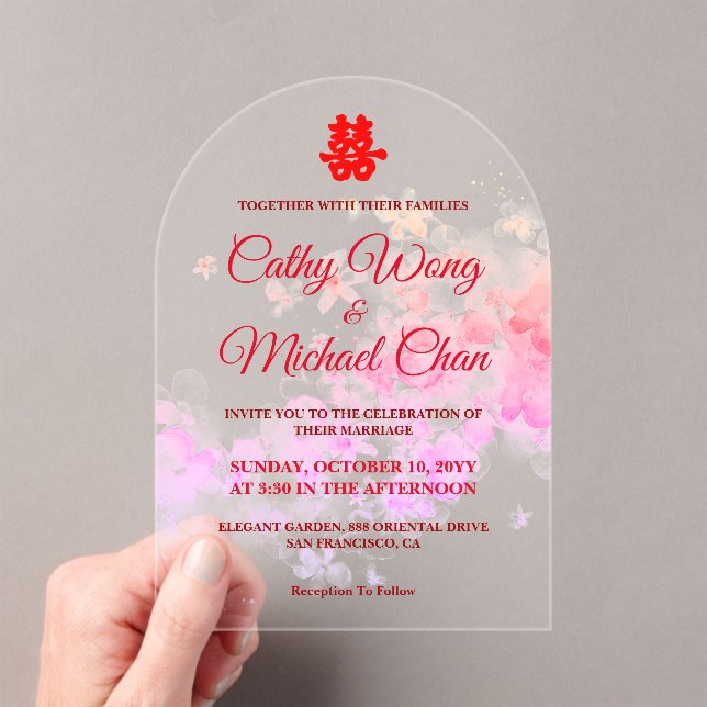 Watercolor cherry blossom modern Chinese wedding Acrylic Invitations (Insitu (Handheld))