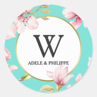 Watercolor Cherry Blossom Monogram Classic Round Sticker