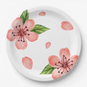 Watercolor Cherry Blossom Pattern Paper Plate