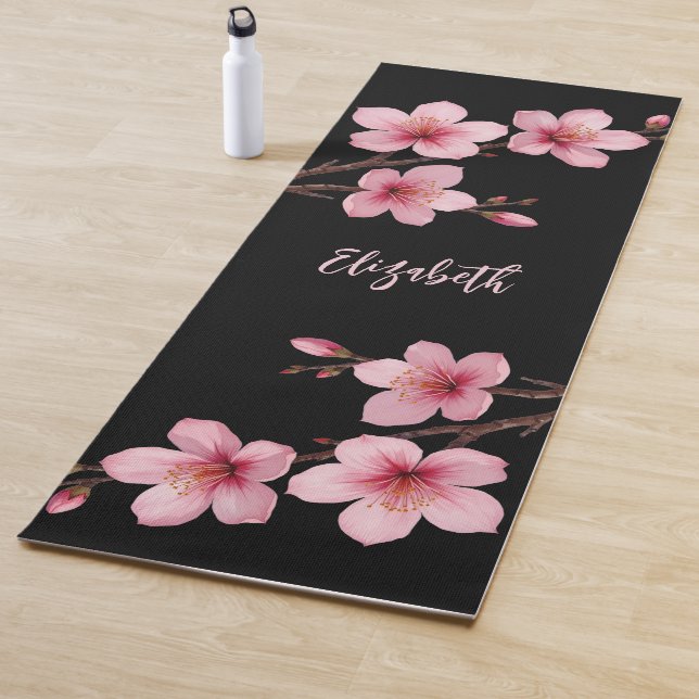 Watercolor  Cherry Blossom Pink Black Monogram  Yoga Mat (In Situ)