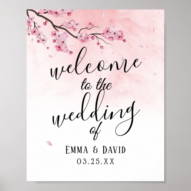 Watercolor Cherry Blossom Pink Floral Wedding Sign (Front)