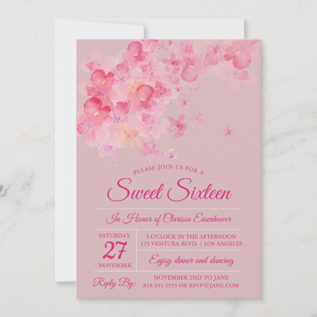 Watercolor Cherry Blossom Sweet Sixteen Invitation (Front)