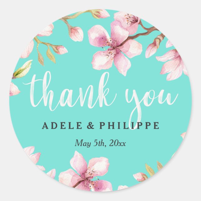 Watercolor Cherry Blossom Thank You Classic Round Sticker (Front)