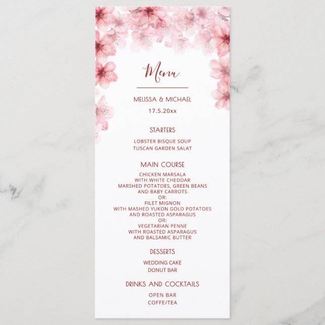 Watercolor Cherry Blossom Wedding Menu (Front)