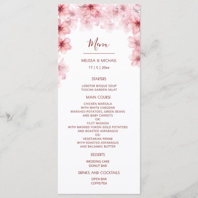 Watercolor Cherry Blossom Wedding Menu (Front)
