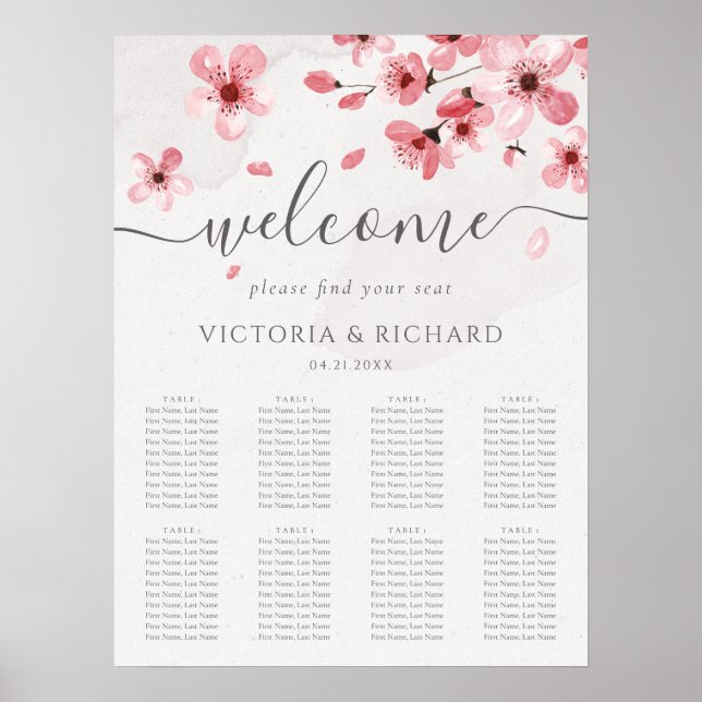 Watercolor Cherry Blossom Wedding Seating Chart (Front)