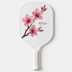 Watercolor Cherry Blossom White Monogram Pickleball Paddle