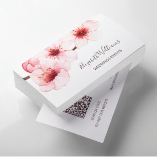 Watercolor Cherry Blossom White Qr Code Business Card