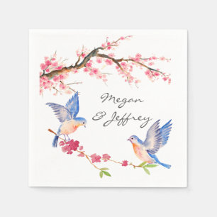 Watercolor Cherry Blossom with BlueBirds Napkin