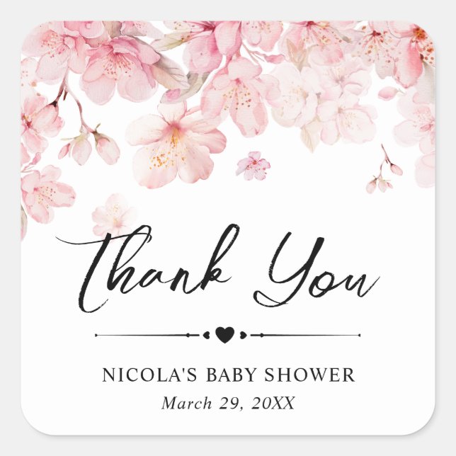 Watercolor Cherry Blossom Wreath Baby Shower Square Sticker (Front)