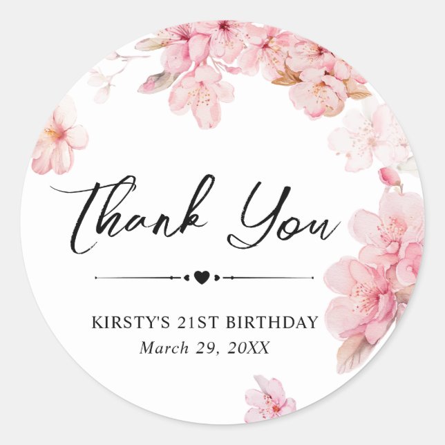 Watercolor Cherry Blossom Wreath Birthday Party Classic Round Sticker (Front)