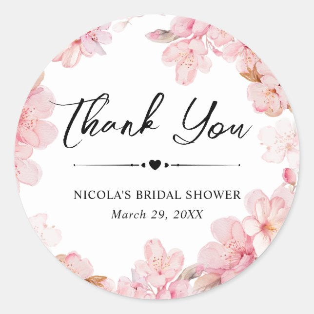 Watercolor Cherry Blossom Wreath Bridal Shower Classic Round Sticker (Front)