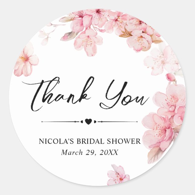 Watercolor Cherry Blossom Wreath Bridal Shower Classic Round Sticker (Front)