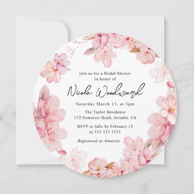 Watercolor Cherry Blossom Wreath Bridal Shower Invitation (Front)