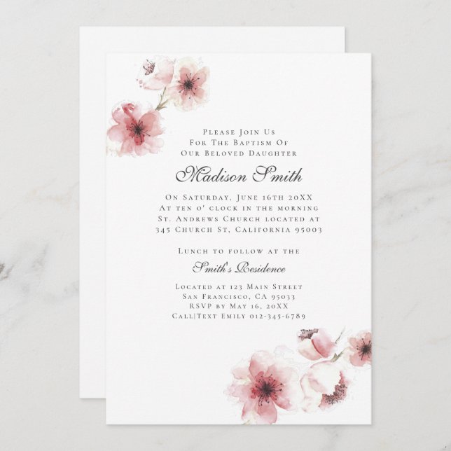 Watercolor Cherry Blossoms Baptism Invitation (Front/Back)