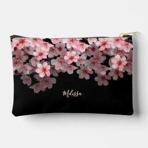 Watercolor Cherry Blossoms Black Pink Your Name Accessory Pouch