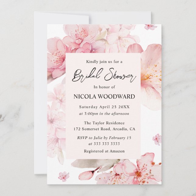 Watercolor Cherry Blossoms Bridal Shower Invitation (Front)