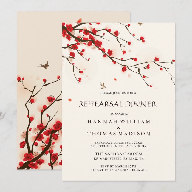 Watercolor Cherry Blossoms Floral Rehearsal Dinner Invitation (Front/Back)