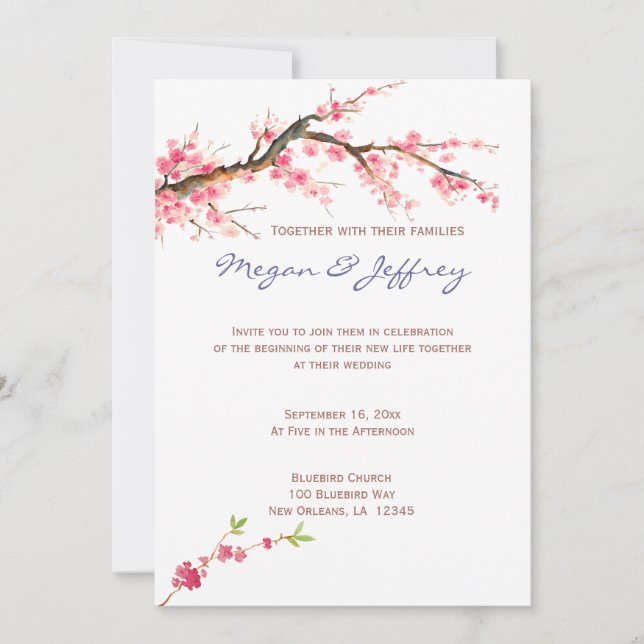 Watercolor Cherry Blossoms in pink and cream Invitation (Front)
