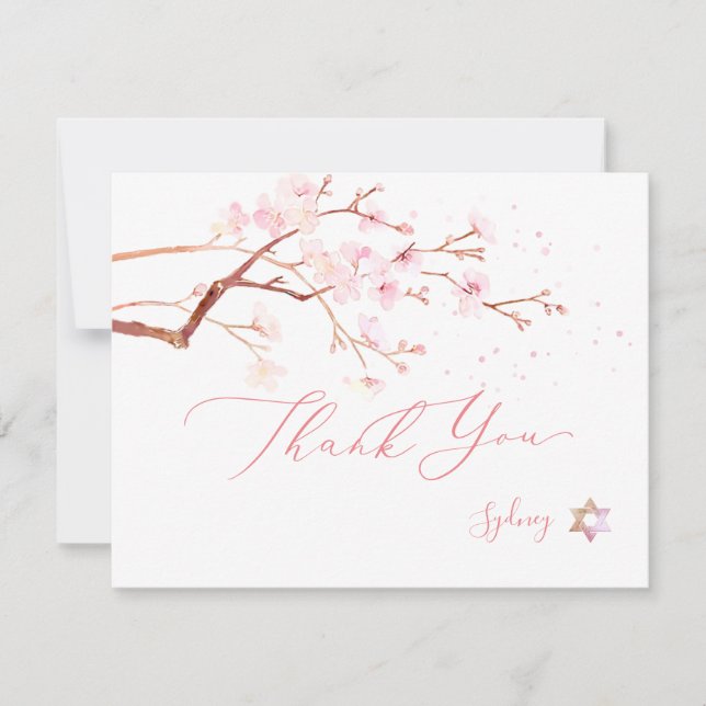 Watercolor Cherry Blossoms Mitzvah ✡ Thank You Card (Front)