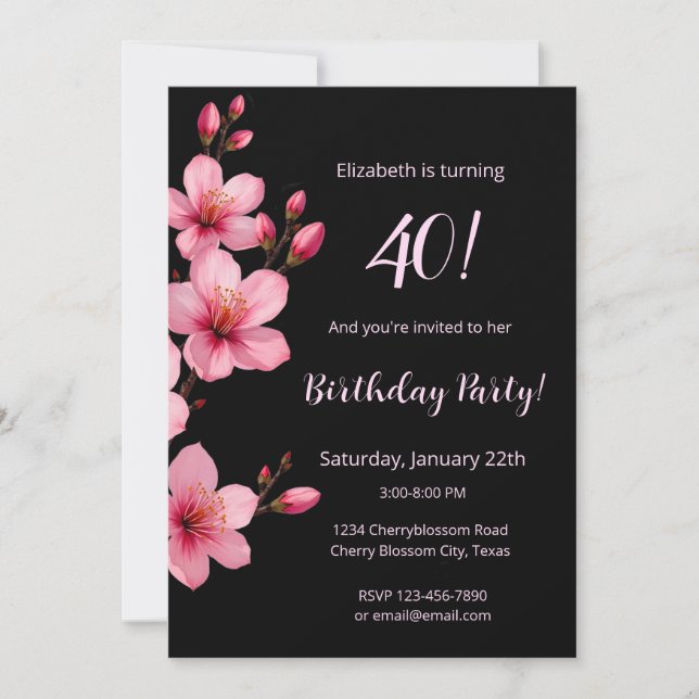 Watercolor Cherry Blossoms Pink Black Birthday Invitation (Front)