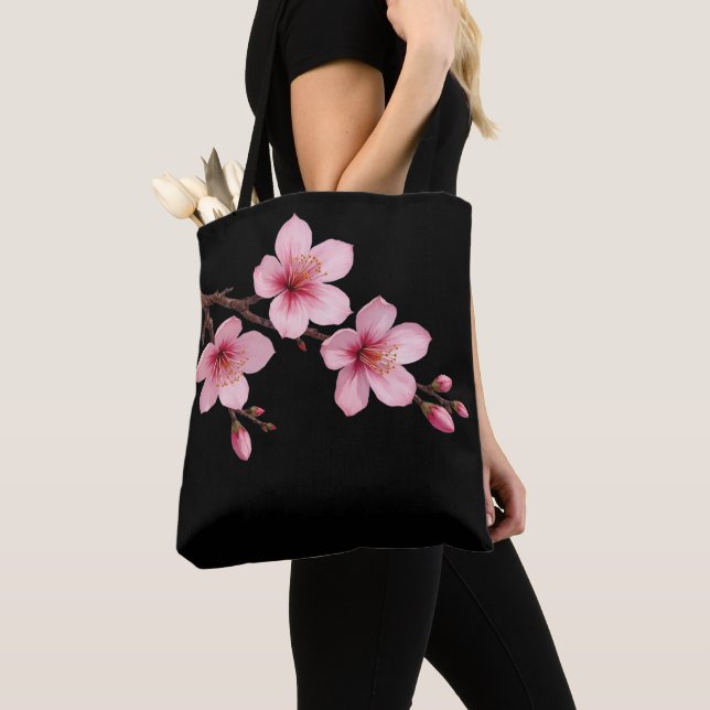 Watercolor Cherry Blossoms Pink Black Tote Bag (Close Up)