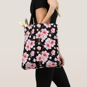 Watercolor Cherry Blossoms Pink Black Tote Bag