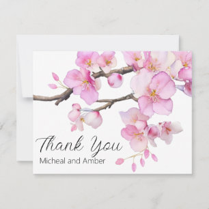 Watercolor cherry blossoms pink floral script  thank you card