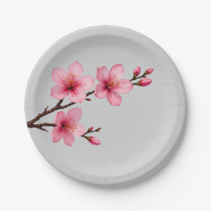 Watercolor Cherry Blossoms Pink Gray Paper Plate