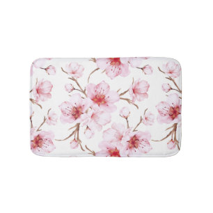  Watercolor Cherry Blossoms Pink White Bath Mat