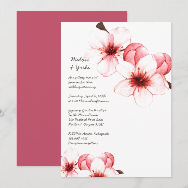 Watercolor Cherry Blossoms Pink White Wedding Invi Invitation (Front/Back)