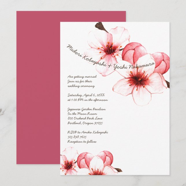 Watercolor Cherry Blossoms Pink White Wedding Invitation (Front/Back)
