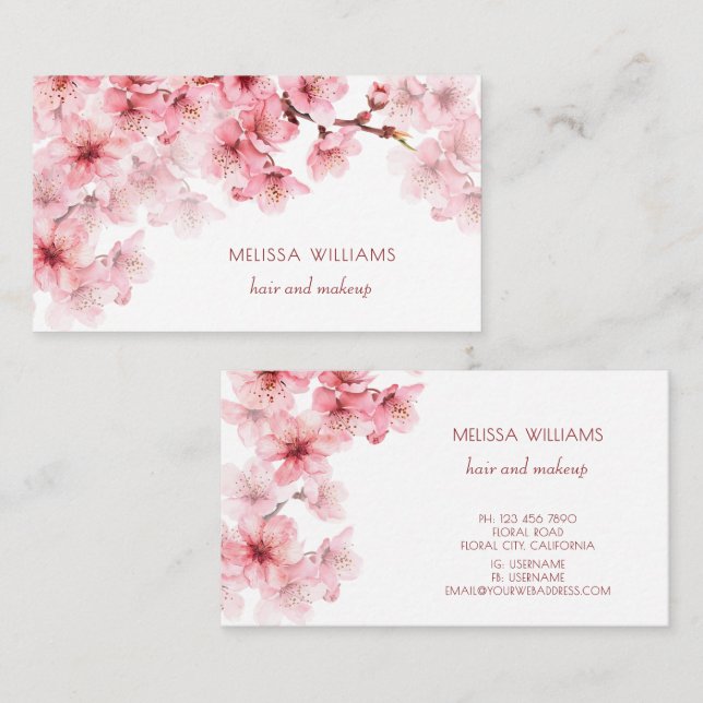 Watercolor Cherry Blossoms QR Code Business Card (Front/Back)