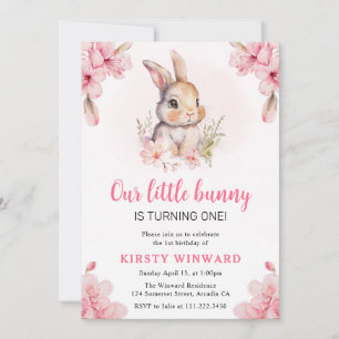 Watercolor Cherry Blossoms Rabbit 1st Birthday Invitation