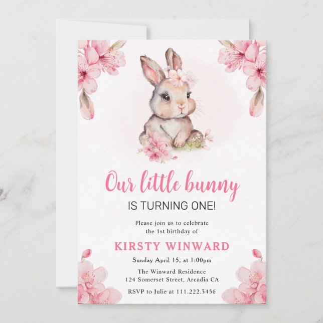 Watercolor Cherry Blossoms Rabbit 1st Birthday Invitation (Front)