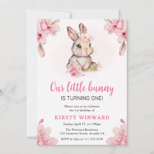 Watercolor Cherry Blossoms Rabbit 1st Birthday Invitation