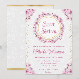 Watercolor Cherry Blossoms Wreath Sweet 16 Invitation