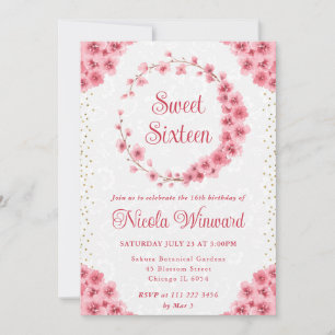 Watercolor Cherry Blossoms Wreath Sweet 16 Invitation