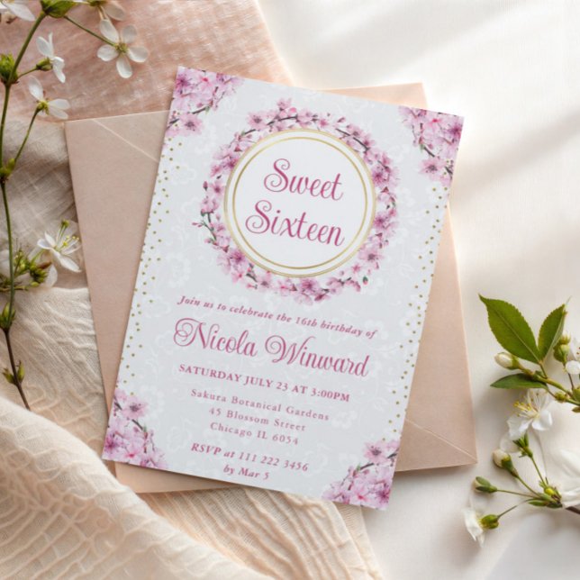 Watercolor Cherry Blossoms Wreath Sweet 16 Invitation (Creator Uploaded)
