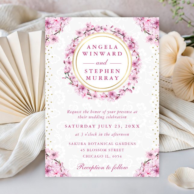 Watercolor Cherry Blossoms Wreath Wedding Invitation (Creator Uploaded)