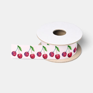 Watercolor Cherry Coquette Hand-Illustrated Pink Satin Ribbon